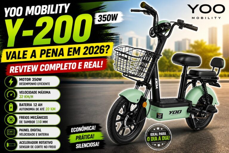 Bicicleta elétrica Yoo Mobility Y-200 350W verde e preta com cesta frontal e banco duplo, destaque para velocidade de 32 km/h e autonomia de 20 km em review completo 2026
