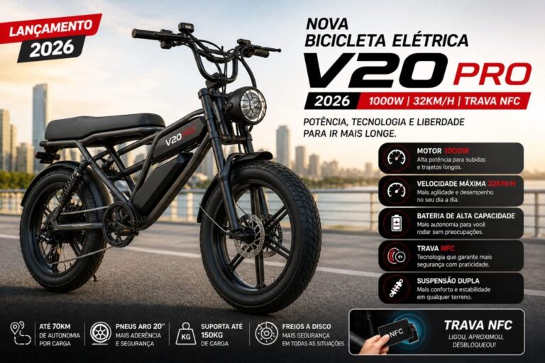 Bicicleta elétrica V20 Pro 2026 com motor 1000W, velocidade de até 32 km/h e sistema de trava NFC, ideal para mobilidade urbana com potência e tecnologia