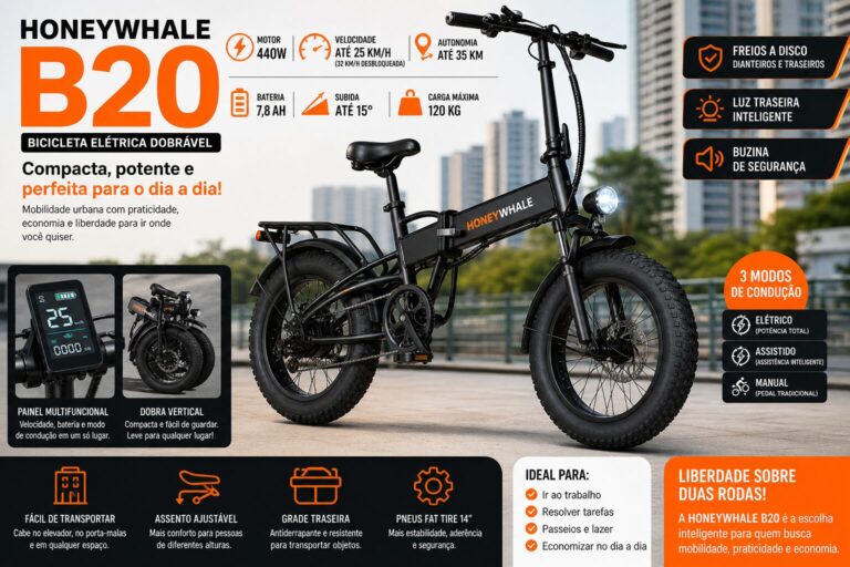 Bicicleta elétrica dobrável HONEYWHALE B20 preta com pneus largos aro 14, exibindo painel digital, motor 440W, autonomia de até 35 km e destaque para uso urbano prático e compacto.