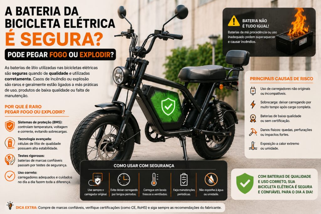 Infográfico sobre a segurança da bateria de bicicletas elétricas, mostrando uma bicicleta elétrica moderna, os principais fatores de risco, cuidados durante o carregamento e orientações para evitar superaquecimento, incêndios e danos à bateria.