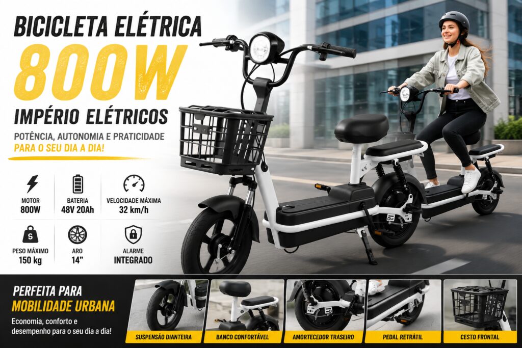 Bicicleta elétrica 800W da Império Elétricos na cor branca, equipada com bateria de 48V 20Ah, aro 14, suspensão dianteira, amortecedor traseiro, banco estofado e cesto frontal para uso urbano.