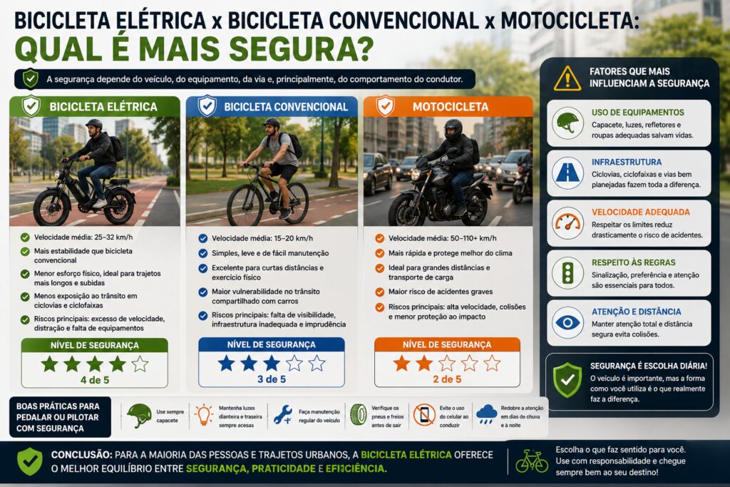 Infográfico comparando bicicleta elétrica, bicicleta convencional e motocicleta, destacando diferenças de segurança, velocidade, conforto, manutenção, mobilidade urbana e boas práticas de condução.