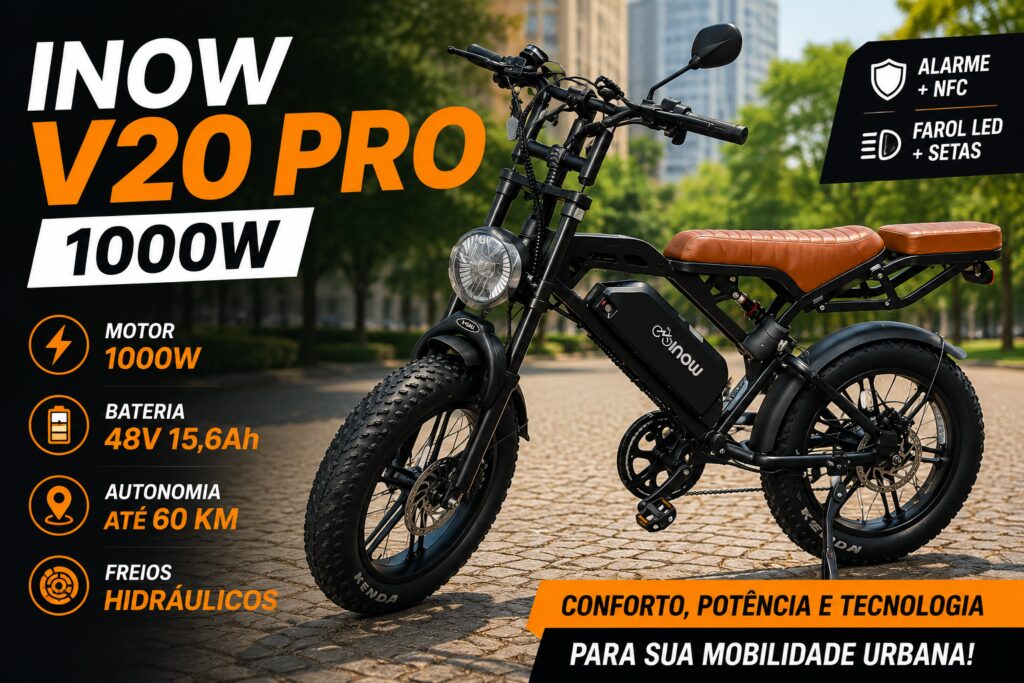 Bicicleta Elétrica INOW V20 Pro 1000W preta com bateria removível de 48V 15,6Ah, freios hidráulicos, pneus largos, sistema NFC e farol em LED.