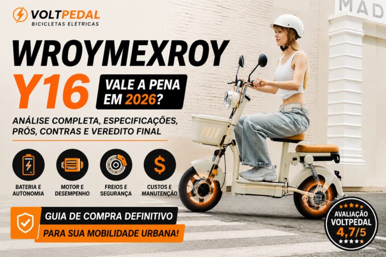 Bicicleta elétrica Wroymexroy Y16 branca com freios a tambor, bateria de lítio e design urbano, utilizada na imagem destacada do review completo do VoltPedal.