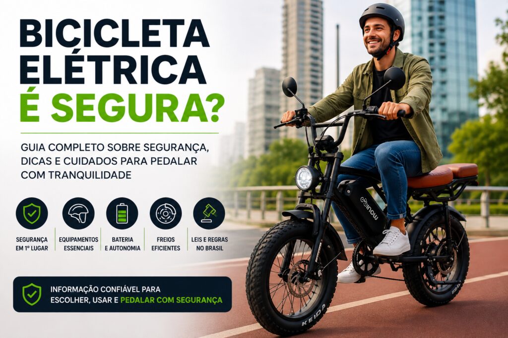 Ciclista utilizando uma bicicleta elétrica em ambiente urbano com equipamentos de segurança. Ilustração do guia completo sobre segurança, legislação, bateria, freios e boas práticas para pedalar com tranquilidade.