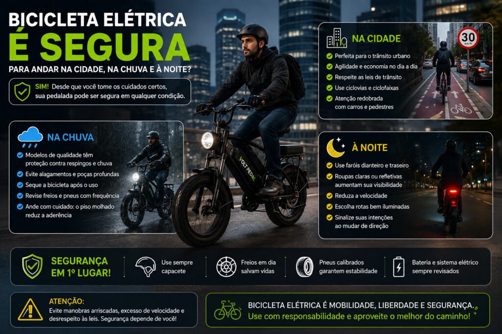 Infográfico mostrando uma bicicleta elétrica sendo utilizada na cidade, na chuva e durante a noite, com dicas de segurança sobre iluminação, equipamentos de proteção, condução defensiva e manutenção preventiva.