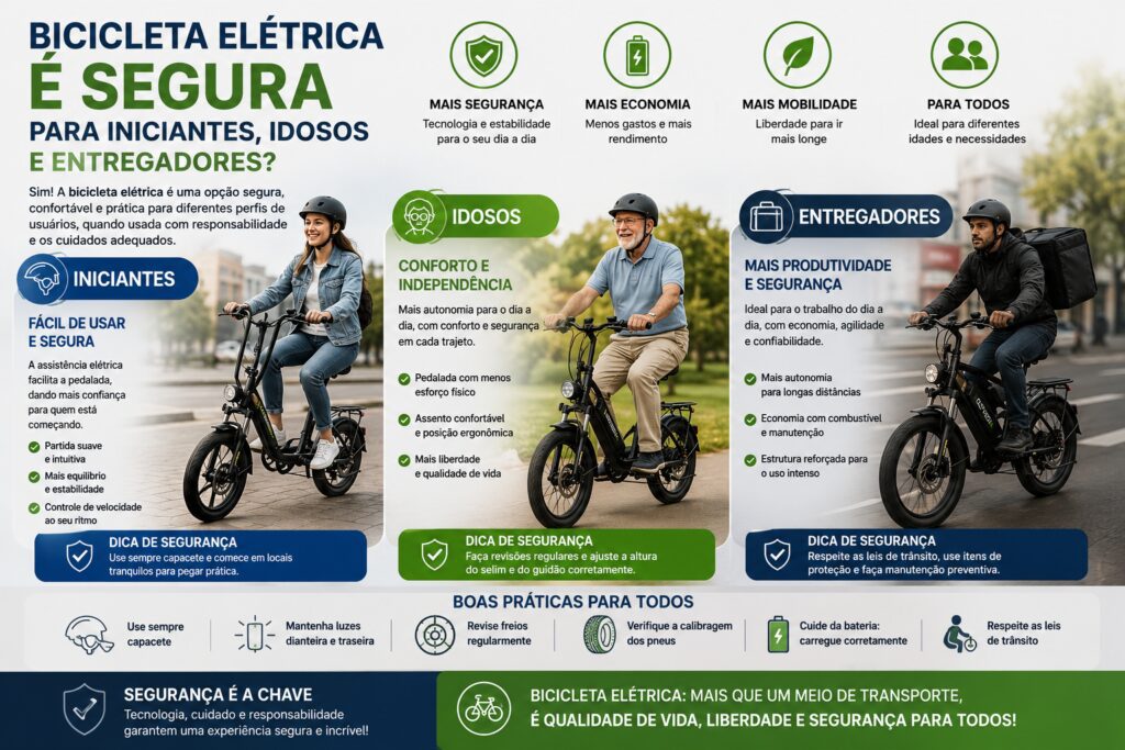 Infográfico mostrando uma bicicleta elétrica sendo utilizada por diferentes perfis de usuários, incluindo iniciantes, idosos e entregadores, destacando segurança, conforto, autonomia e boas práticas de utilização.