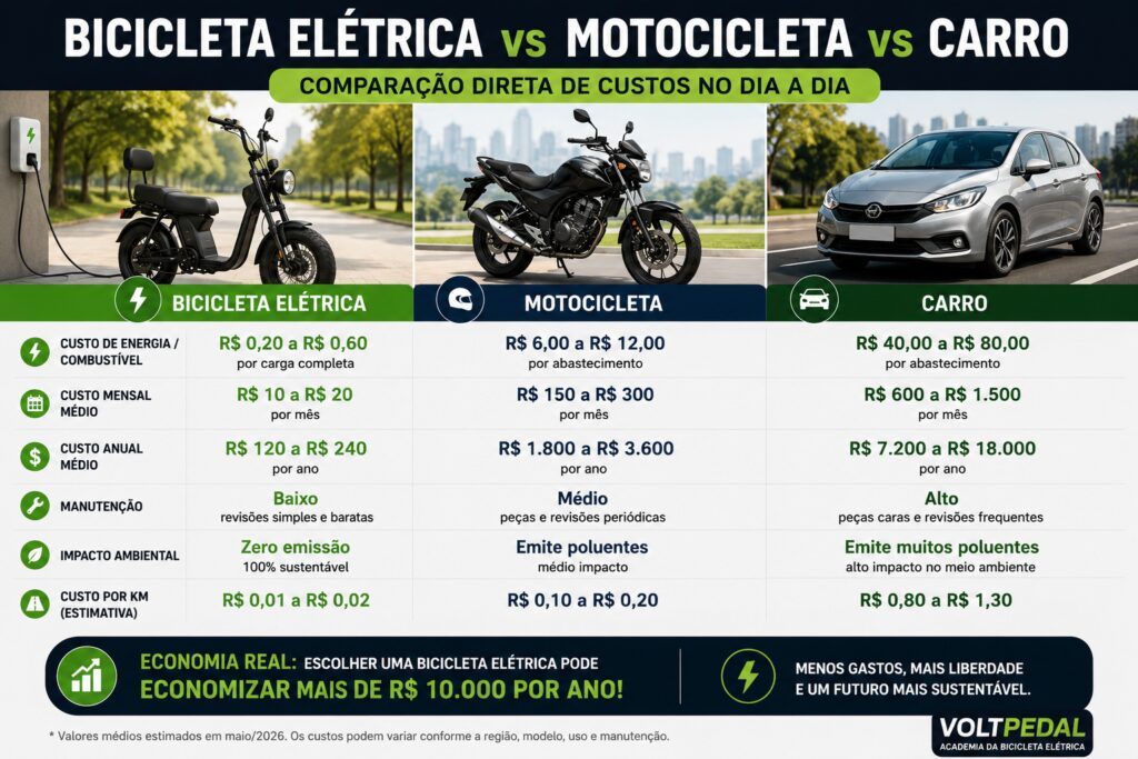 Infográfico comparando bicicleta elétrica, motocicleta e carro, mostrando custos de energia ou combustível, gasto mensal e anual, manutenção, impacto ambiental e custo por quilômetro para ajudar na escolha do meio de transporte mais econômico.