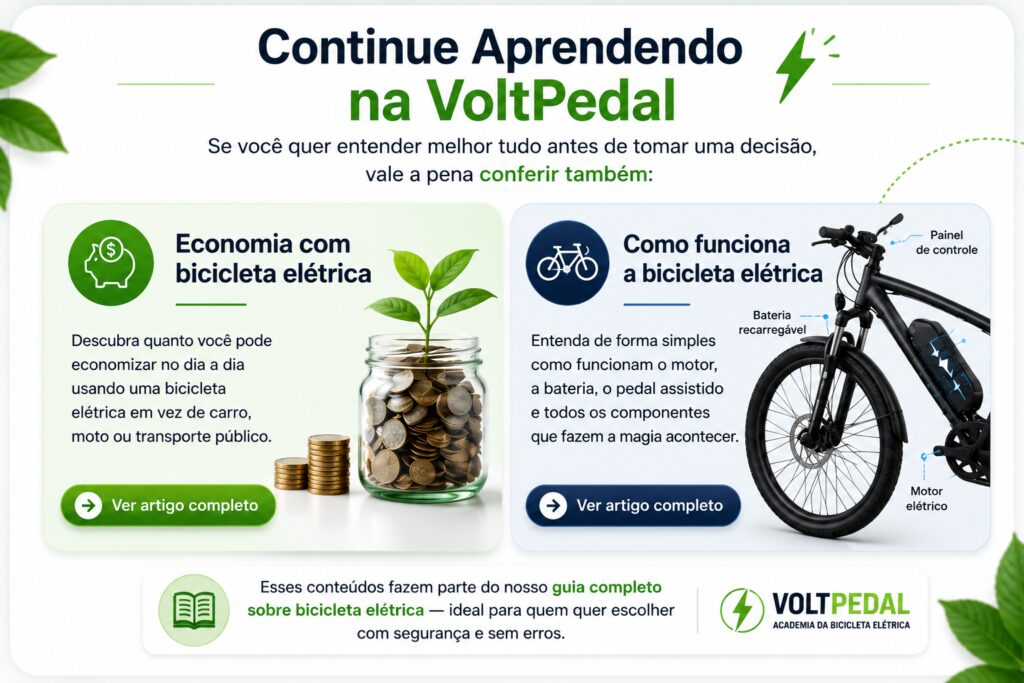 Banner do VoltPedal com a chamada "Continue Aprendendo na VoltPedal", destacando conteúdos sobre economia com bicicleta elétrica e funcionamento da bicicleta elétrica, incentivando o leitor a explorar mais artigos da Academia da Bicicleta Elétrica.