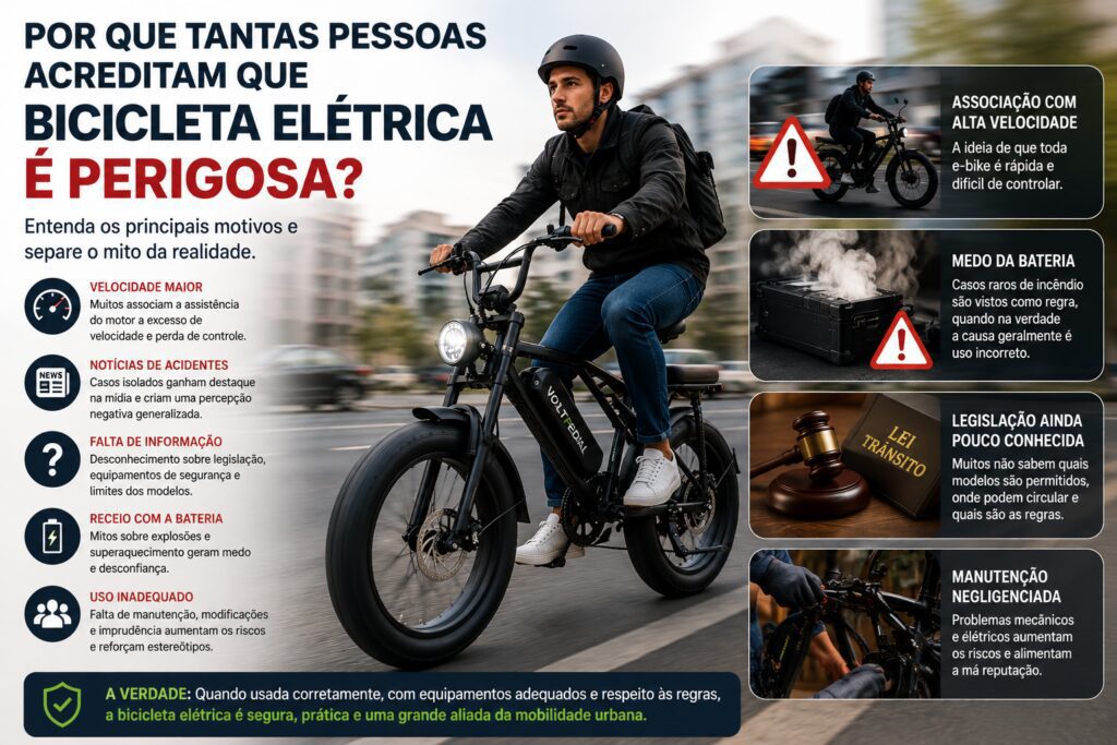 Infográfico mostrando os principais motivos pelos quais muitas pessoas acreditam que bicicletas elétricas são perigosas, incluindo velocidade, bateria, acidentes, legislação e manutenção, com um ciclista utilizando uma bicicleta elétrica em ambiente urbano.