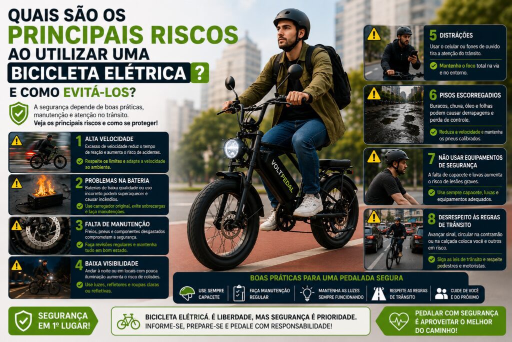 Infográfico mostrando os principais riscos ao utilizar uma bicicleta elétrica, como excesso de velocidade, problemas na bateria, falta de manutenção, baixa visibilidade e distrações, além de dicas de segurança para uma pedalada mais segura.