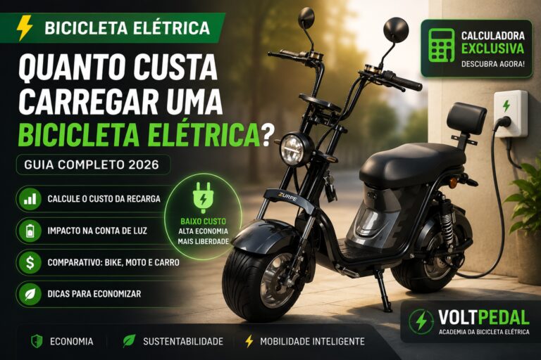 Imagem destacada do VoltPedal mostrando uma bicicleta elétrica preta conectada à tomada e destacando o tema "Quanto custa carregar uma bicicleta elétrica?", com foco em consumo de energia, economia, calculadora de recarga e comparação de custos