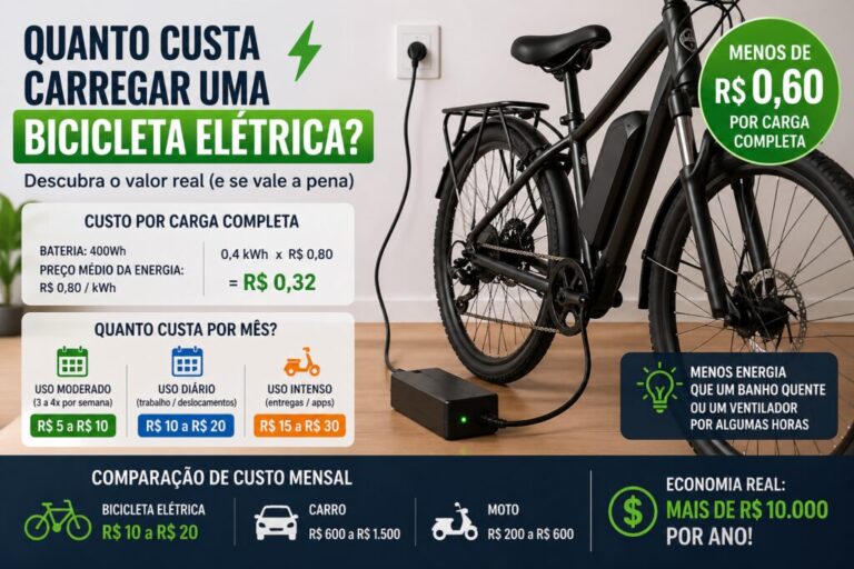 Infográfico mostrando quanto custa carregar uma bicicleta elétrica, com exemplo de bateria de 400 Wh, custo aproximado de R$ 0,32 por carga completa, gasto mensal estimado e comparação de economia em relação ao carro e à motocicleta.