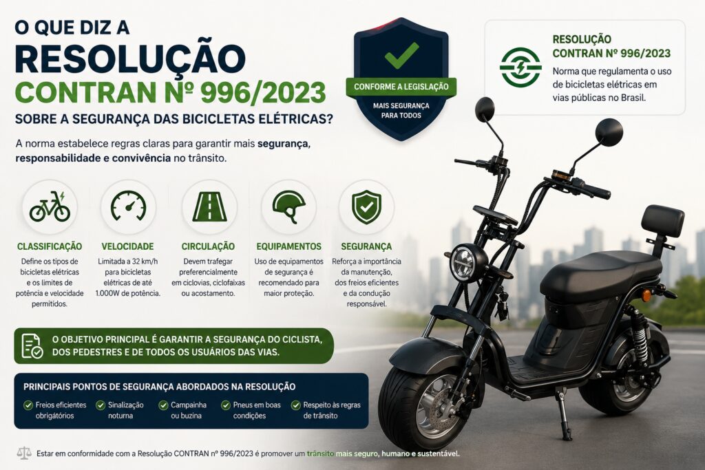 Infográfico explicando a Resolução CONTRAN nº 996/2023 sobre bicicletas elétricas, destacando regras de circulação, velocidade, equipamentos de segurança e conformidade com a legislação brasileira.