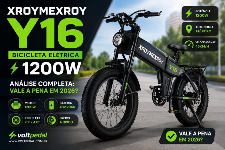 Bicicleta elétrica Xroymexroy Y16 1200W em destaque com design moderno preto e verde, mostrando potência, autonomia e velocidade máxima em arte de review.