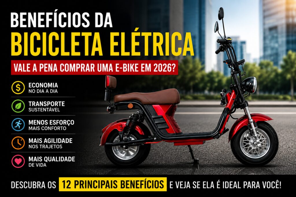 Pessoa utilizando uma bicicleta elétrica em área urbana, representando economia, mobilidade sustentável e qualidade de vida no dia a dia.