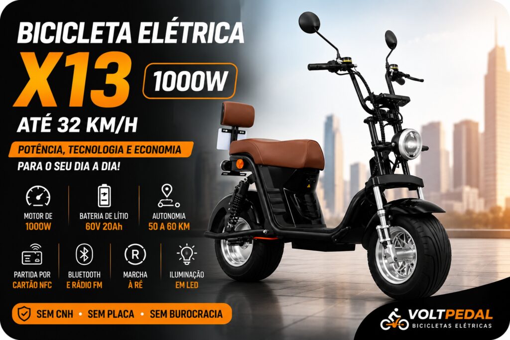 Imagem destacada da Bicicleta Elétrica X13 1000W preta, com bateria de lítio 60V 20Ah, painel digital, farol em LED e destaque para autonomia de até 60 km e velocidade máxima de 32 km/h.