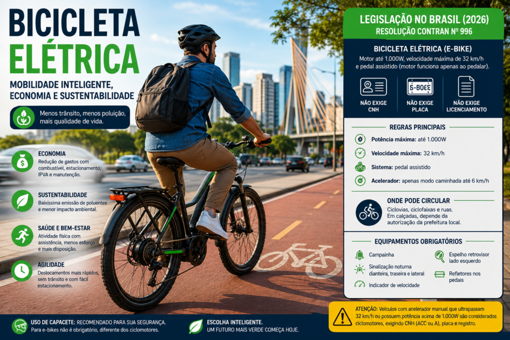 Homem pedalando uma bicicleta elétrica em ciclovia urbana com informações sobre benefícios, economia, sustentabilidade e regras da legislação brasileira para e-bikes em 2026.