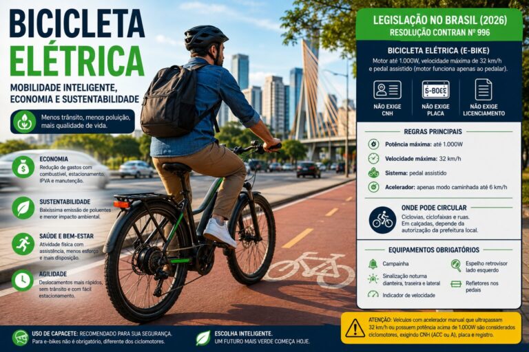 Homem pedalando uma bicicleta elétrica em ciclovia urbana com informações sobre benefícios, economia, sustentabilidade e regras da legislação brasileira para e-bikes em 2026.