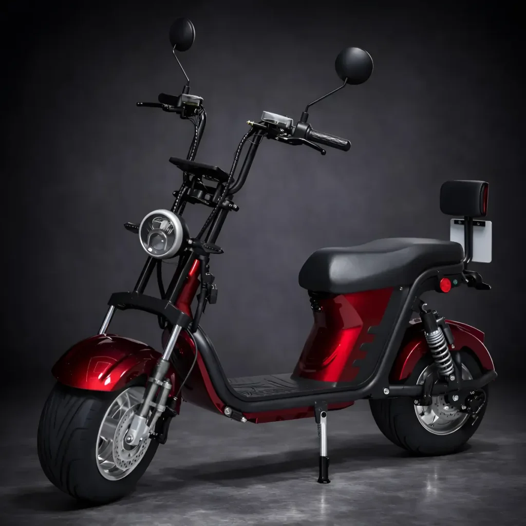 Scooter elétrica X12 1000W preta estacionada em ambiente urbano moderno com painel digital e design futurista.