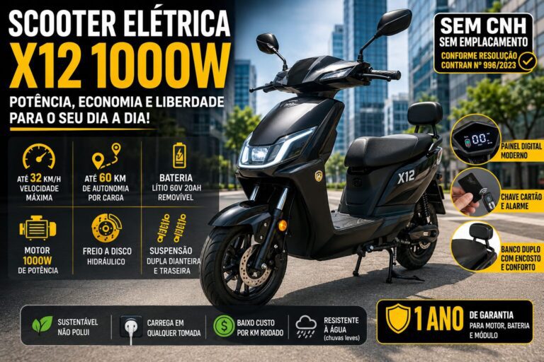Scooter elétrica X12 1000W preta estacionada em ambiente urbano moderno com painel digital e design futurista.