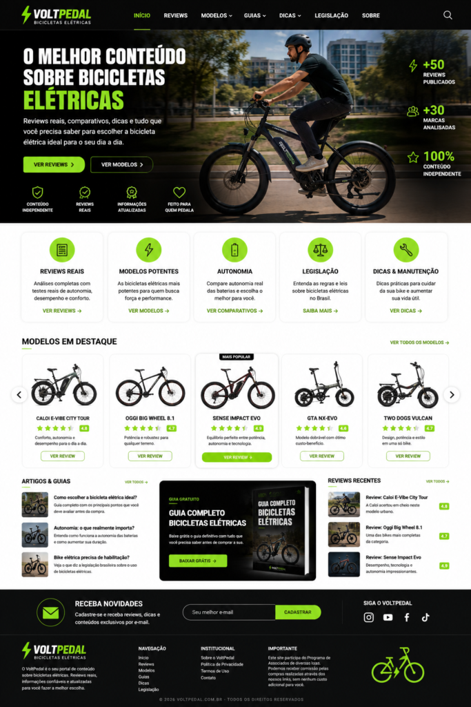 Página inicial do site VoltPedal mostrando bicicletas elétricas modernas, reviews, modelos potentes, autonomia, legislação e dicas de manutenção.