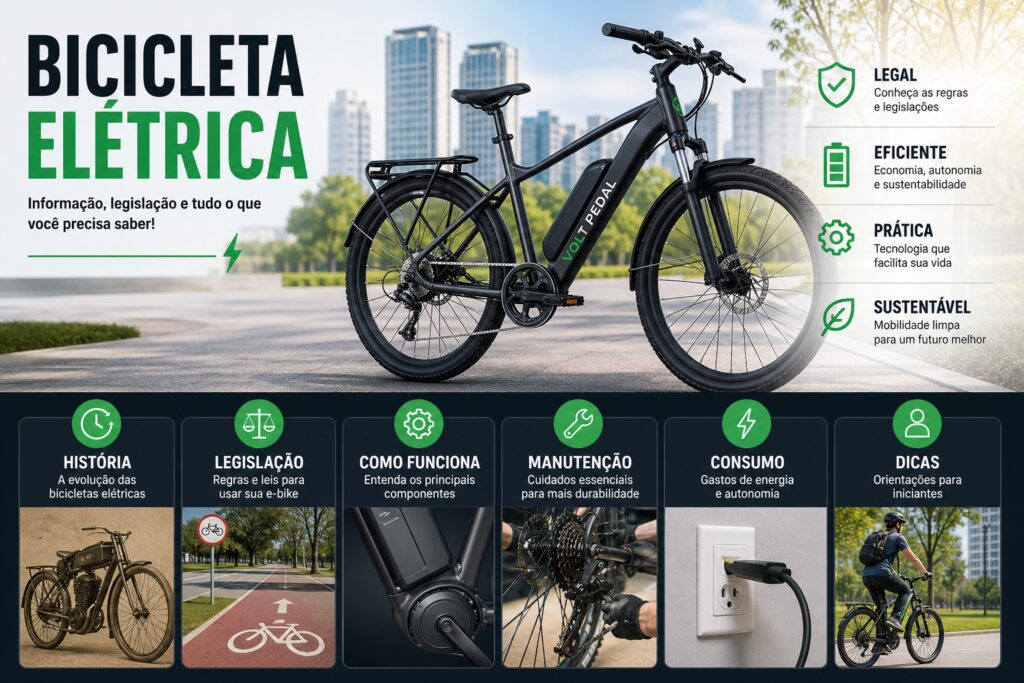 Bicicleta elétrica moderna em ambiente urbano com destaque para informações sobre legislação, funcionamento, manutenção, consumo de energia e dicas para iniciantes