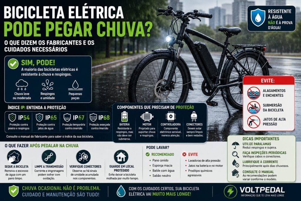 Bicicleta elétrica estacionada sob chuva moderada com informações sobre resistência à água, índice IP e cuidados recomendados.