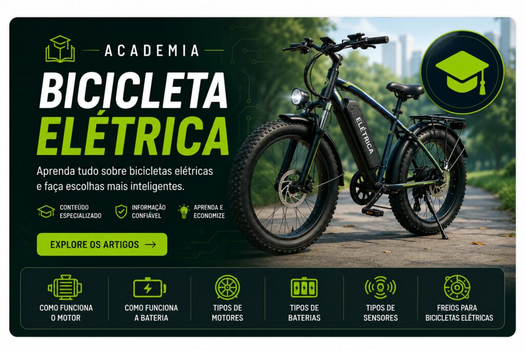 Banner da Academia da Bicicleta Elétrica do Voltpedal com bicicleta elétrica moderna, ícones educacionais e temas como motor, bateria, sensores, freios e tipos de bicicletas elétricas.