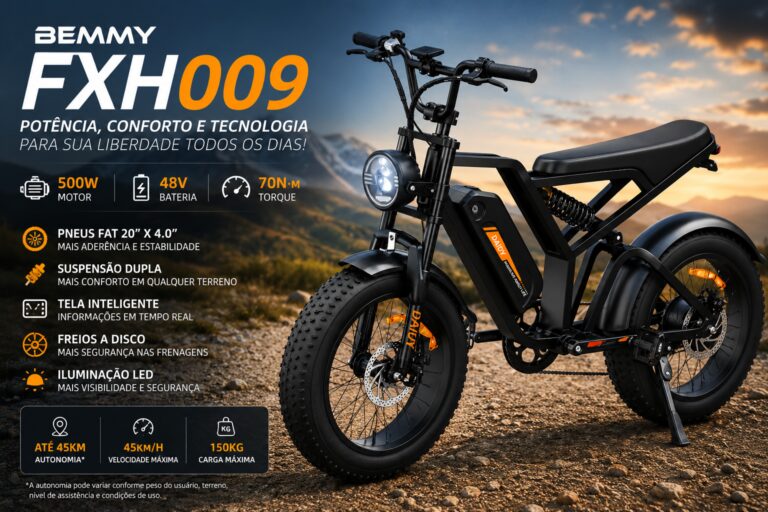 Bicicleta elétrica Bemmy FXH009 com pneus fat tire, suspensão dupla, motor de 500W e bateria de 48V em cenário montanhoso ao pôr do sol.