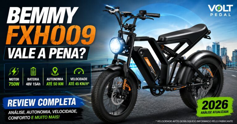 Imagem destacada da bicicleta elétrica Bemmy FXH009 preta com motor de 750W, bateria 48V 15Ah, pneus Fat Tire e suspensão dupla, utilizada no artigo de review completo do VoltPedal.