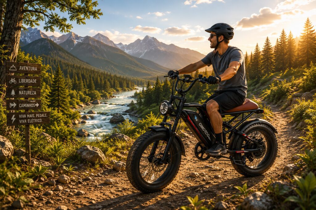 Jovem pedalando uma bicicleta elétrica OIMOTOO 1000W em uma trilha na montanha, com rio, floresta e paisagem natural iluminada pelo pôr do sol.