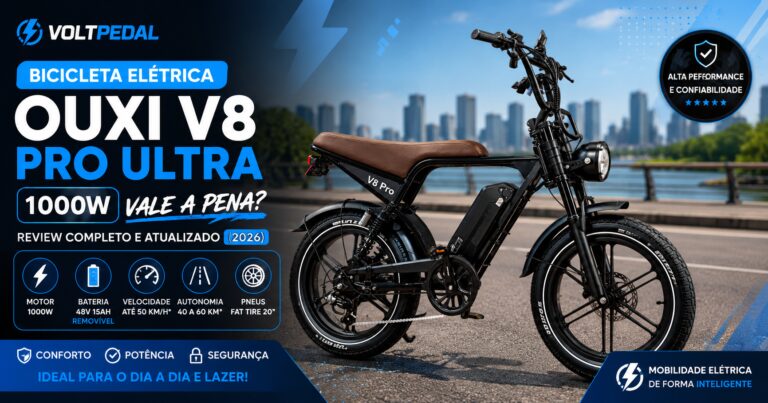 Bicicleta Elétrica OUXI V8 Pro Ultra 1000W em destaque com design moderno, bateria removível e motor potente, utilizada na imagem de capa do review completo publicado no VoltPedal.