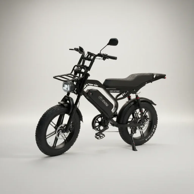 Imagem destacada da bicicleta elétrica INOW X50 Action Pro 1000W com design moderno, pneus Fat Tire e fundo em tons de azul, utilizada no review completo sobre desempenho, autonomia e especificações em 2026.