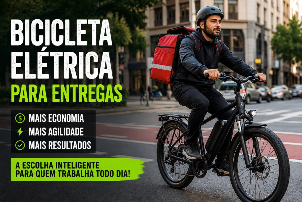 Entregador utilizando bicicleta elétrica para realizar entregas em ambiente urbano movimentado.