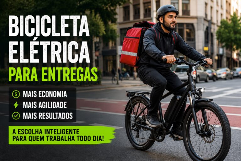 Entregador utilizando bicicleta elétrica para realizar entregas em ambiente urbano movimentado.