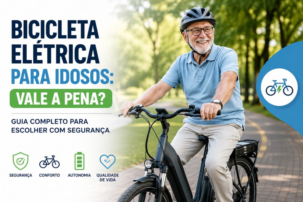 Idoso sorridente pedalando uma bicicleta elétrica em um parque arborizado, representando mobilidade, segurança, conforto e qualidade de vida para a terceira idade.