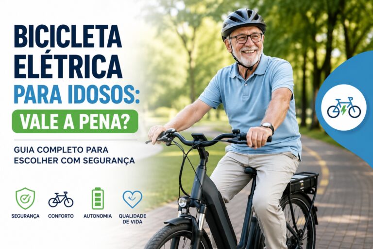 Idoso sorridente pedalando uma bicicleta elétrica em um parque arborizado, representando mobilidade, segurança, conforto e qualidade de vida para a terceira idade.