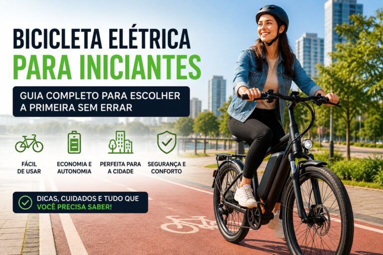 Mulher utilizando sua primeira bicicleta elétrica em ciclovia urbana, representando facilidade de uso, segurança e mobilidade para iniciantes.