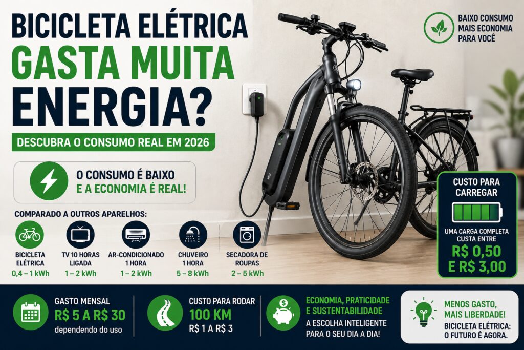 Bicicleta elétrica carregando na tomada com comparativo de consumo de energia e destaque para economia na conta de luz.
