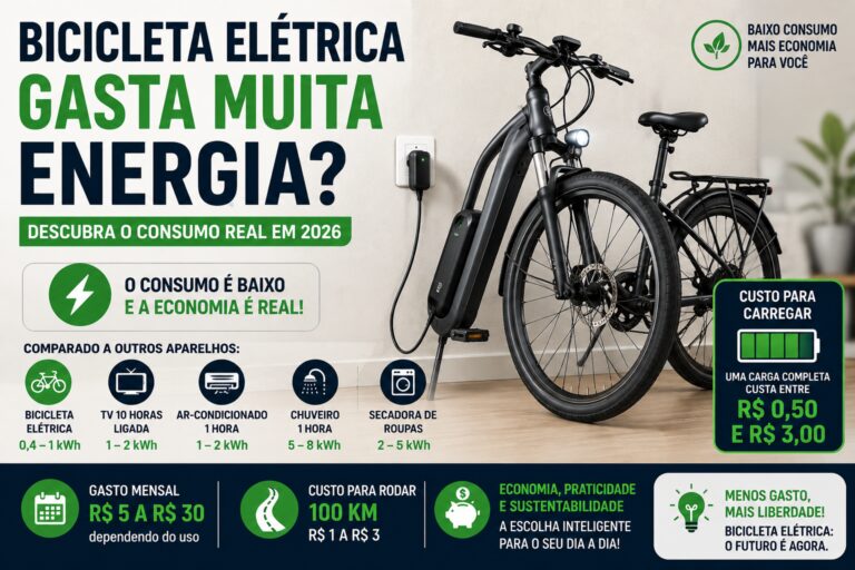 Bicicleta elétrica carregando na tomada com comparativo de consumo de energia e destaque para economia na conta de luz.