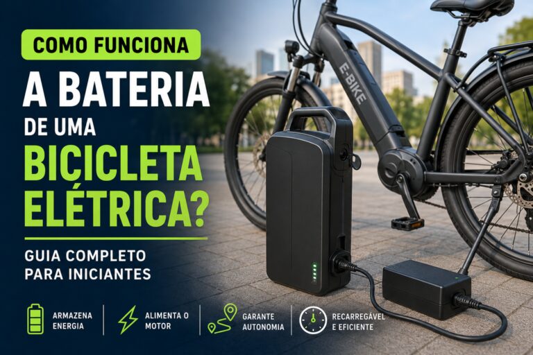 Bateria removível de bicicleta elétrica conectada ao carregador ao lado de uma e-bike moderna ilustrando o funcionamento e armazenamento de energia.