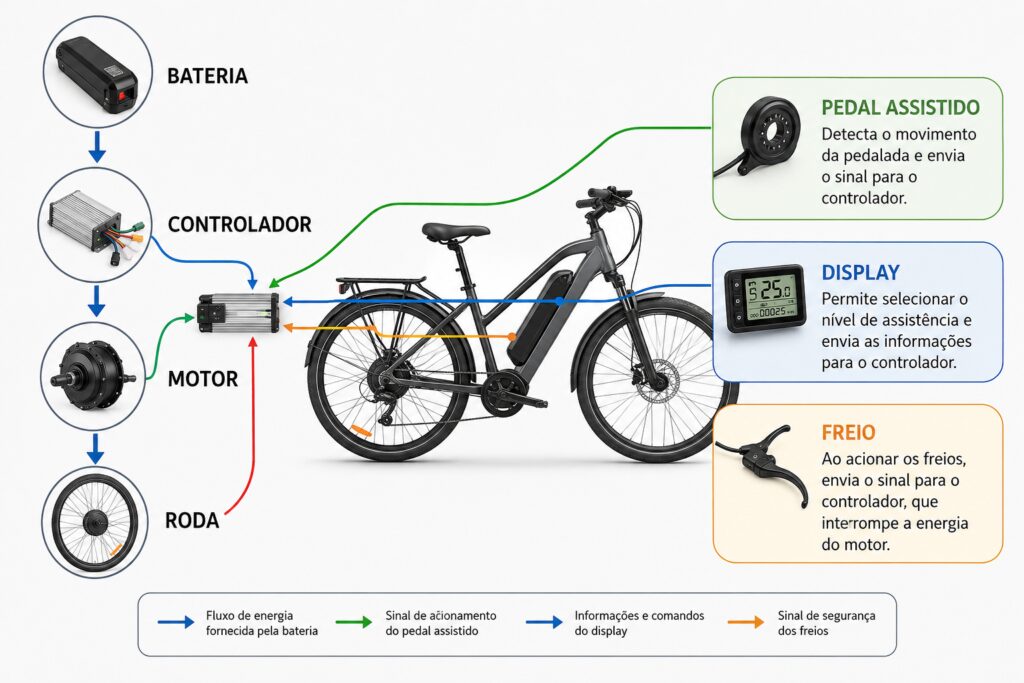 Diagrama mostrando o funcionamento do motor elétrico de uma bicicleta elétrica com bateria, controlador, pedal assistido, display, freios e roda conectados ao sistema.