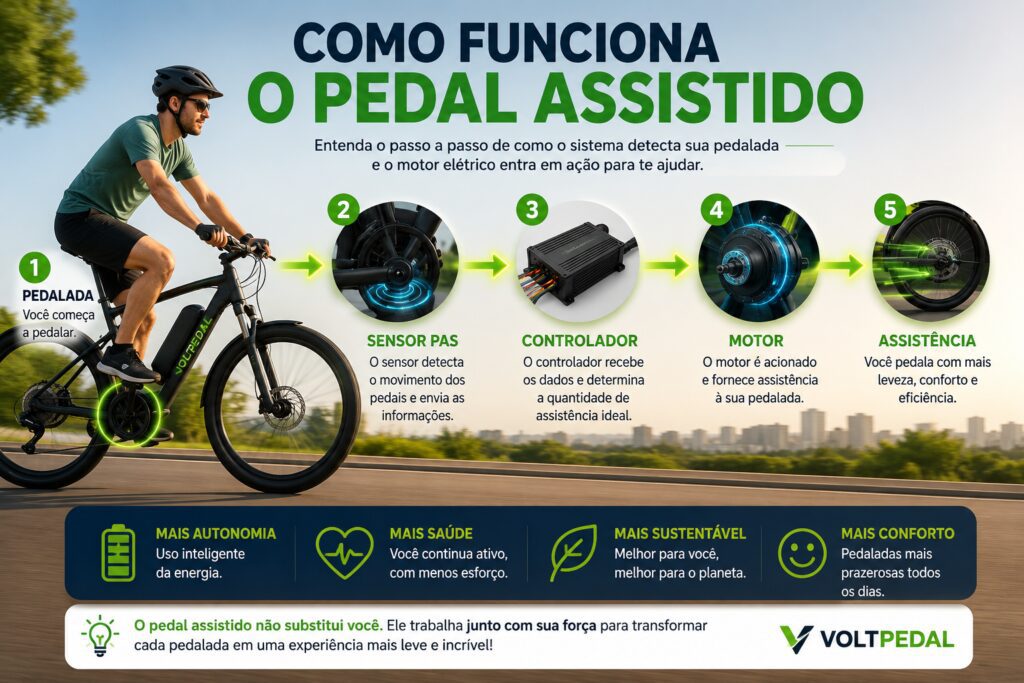 Infográfico mostrando como funciona o pedal assistido de uma bicicleta elétrica, com as etapas pedalada, sensor PAS, controlador, motor e assistência ao ciclista.