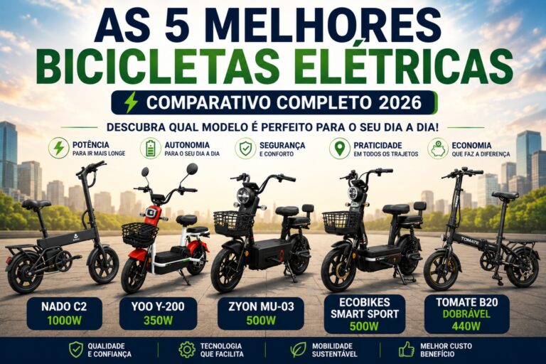 Comparativo das cinco bicicletas elétricas analisadas pela VoltPedal em 2026: Nado C2 1000W, Ecobikes Smart Sport 500W, Zyon MU-03 500W, Yoo Y-200 350W e Tomate B20 Dobrável 440W.