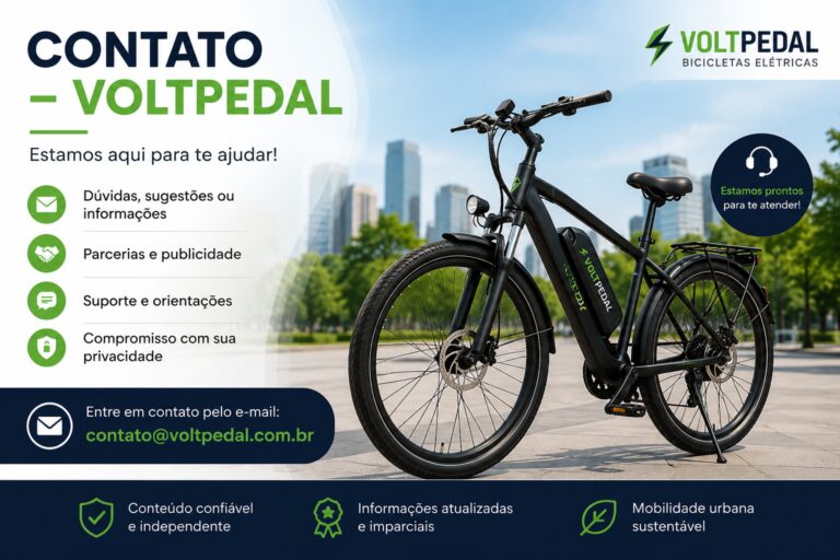Bicicleta elétrica em destaque na página de contato do Voltpedal com informações de suporte, atendimento, parcerias e contato por e-mail.