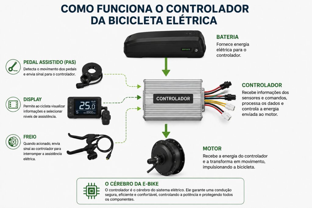 Diagrama mostrando a conexão entre bateria, controlador, motor, pedal assistido (PAS), display e freio em uma bicicleta elétrica, destacando o controlador como o cérebro do sistema elétrico.
