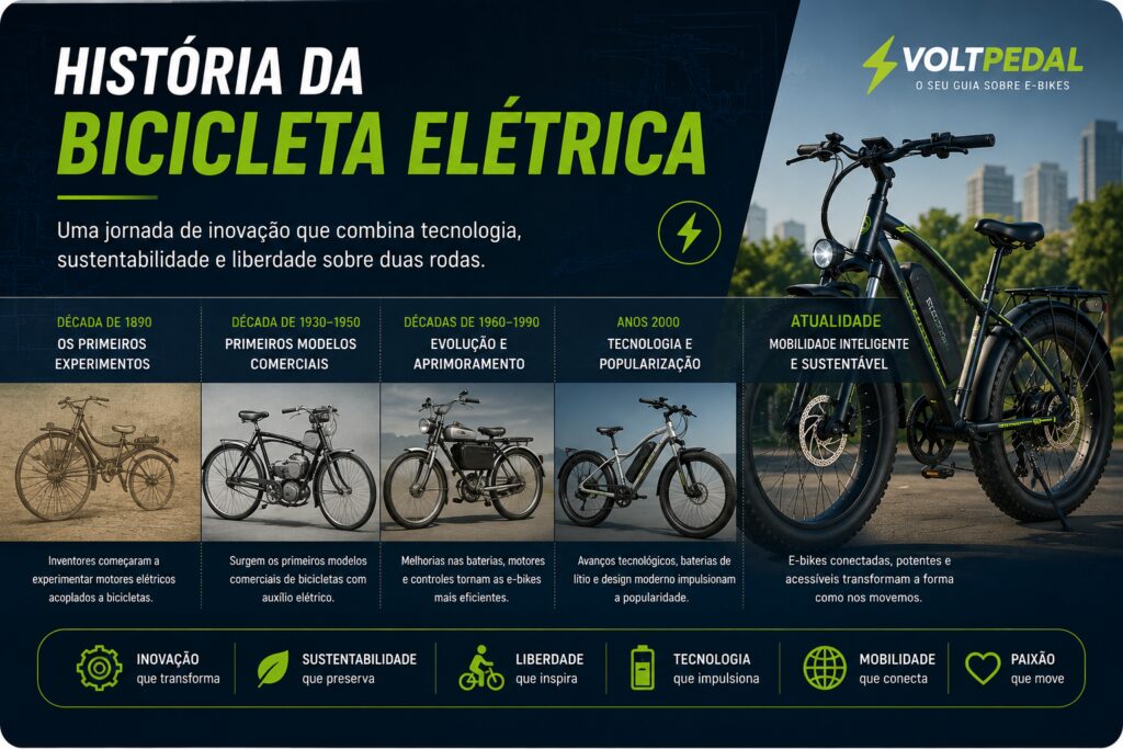 Linha do tempo da história da bicicleta elétrica mostrando a evolução dos primeiros protótipos até as modernas e-bikes utilizadas atualmente para mobilidade urbana sustentável.