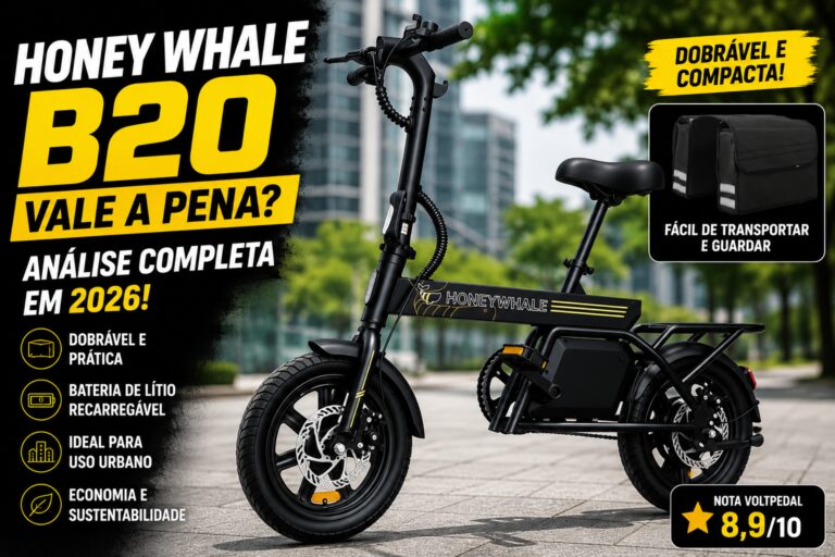 Bicicleta elétrica dobrável Honey Whale B20 na cor preta, destacando design compacto, bateria recarregável e praticidade para mobilidade urbana.