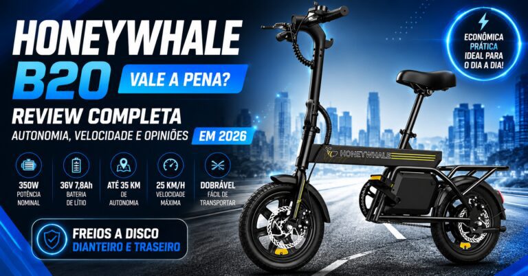 Imagem destacada da bicicleta elétrica Honeywhale B20 dobrável utilizada no review da VoltPedal, mostrando motor de 350W nominal, bateria 36V 7,8Ah, autonomia de até 35 km, freios a disco e análise completa de desempenho, conforto e custo-benefício em 2026.